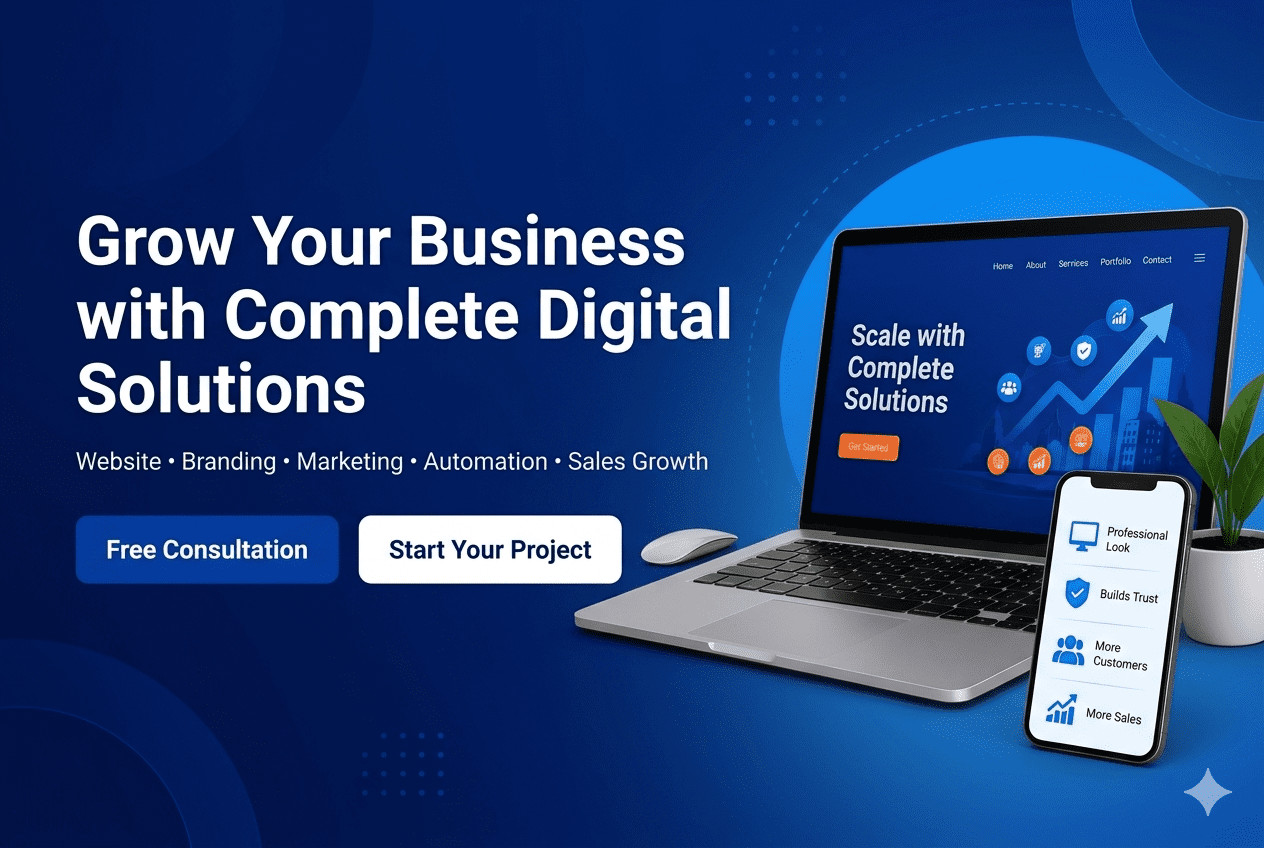 Professional digital agency hero banner showing business growth solutions including website design, branding, marketing, automation, and sales growth services by IT CITY BD.